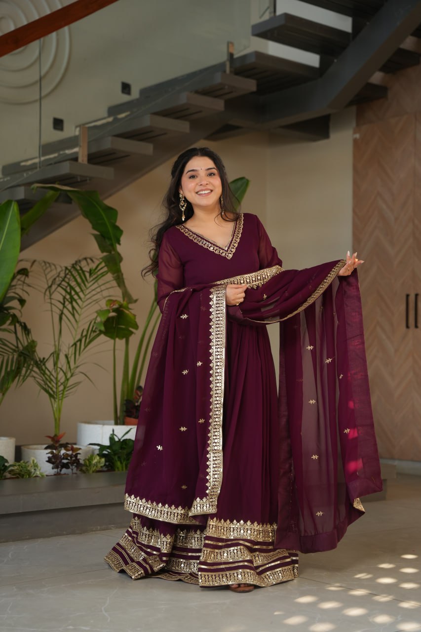 Women's Regal Wine Purple Anarkali Gown with Intricate Golden Gota Patti Work – Complete with Matching Dupatta for Festive & Wedding Wear - Image 8