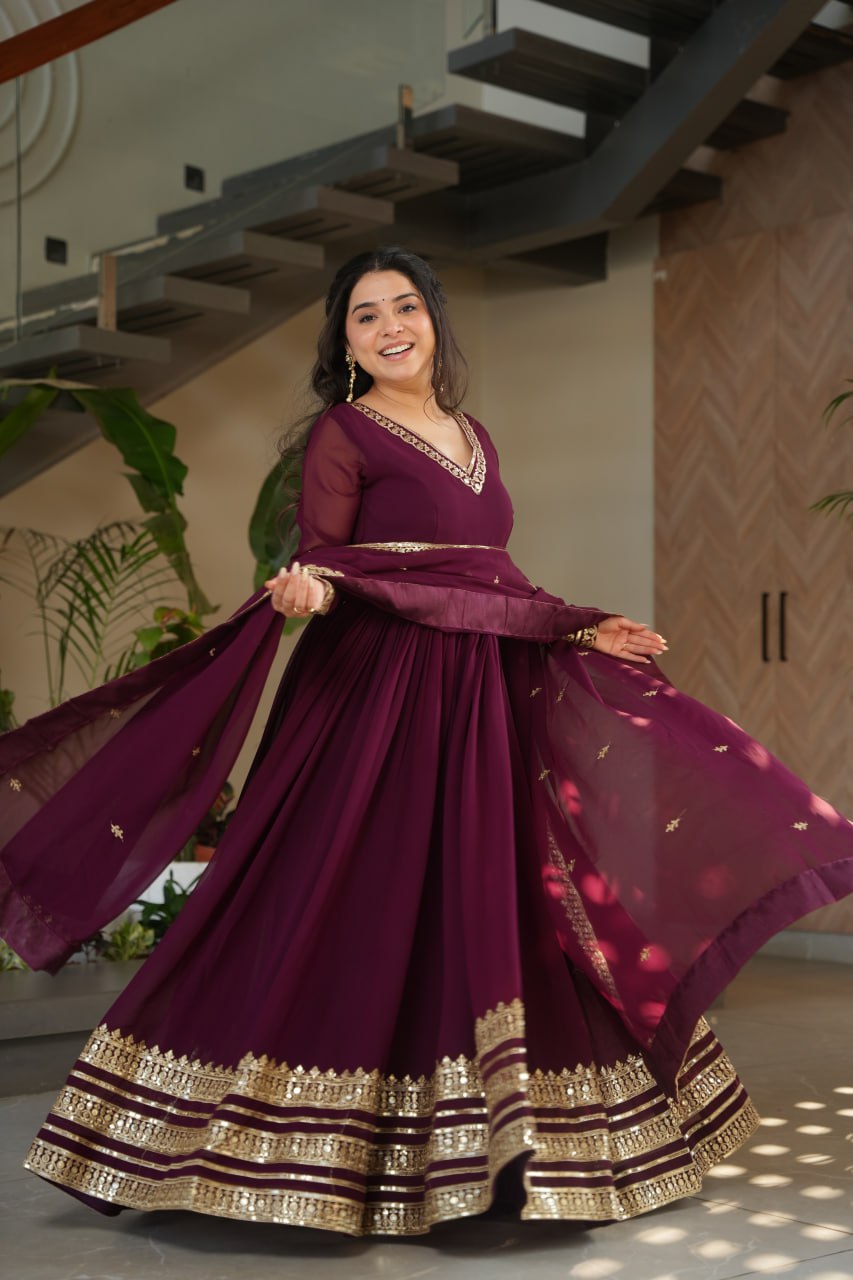 Women's Regal Wine Purple Anarkali Gown with Intricate Golden Gota Patti Work – Complete with Matching Dupatta for Festive & Wedding Wear - Image 7