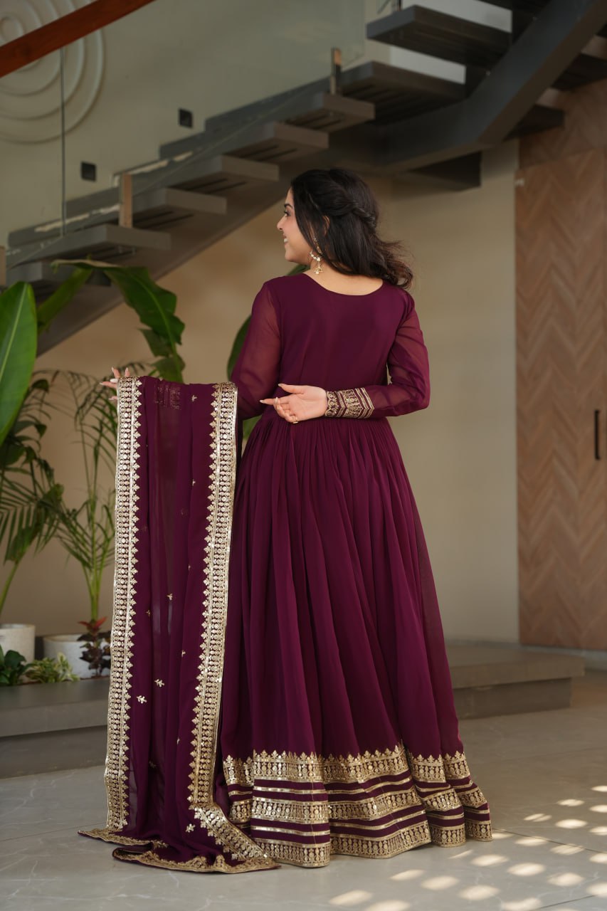 Women's Regal Wine Purple Anarkali Gown with Intricate Golden Gota Patti Work – Complete with Matching Dupatta for Festive & Wedding Wear - Image 4