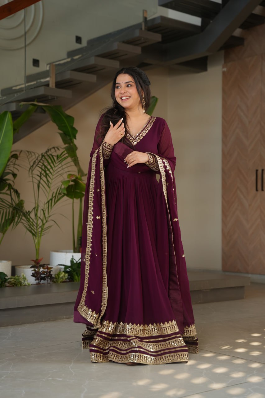 Women's Regal Wine Purple Anarkali Gown with Intricate Golden Gota Patti Work – Complete with Matching Dupatta for Festive & Wedding Wear - Image 2