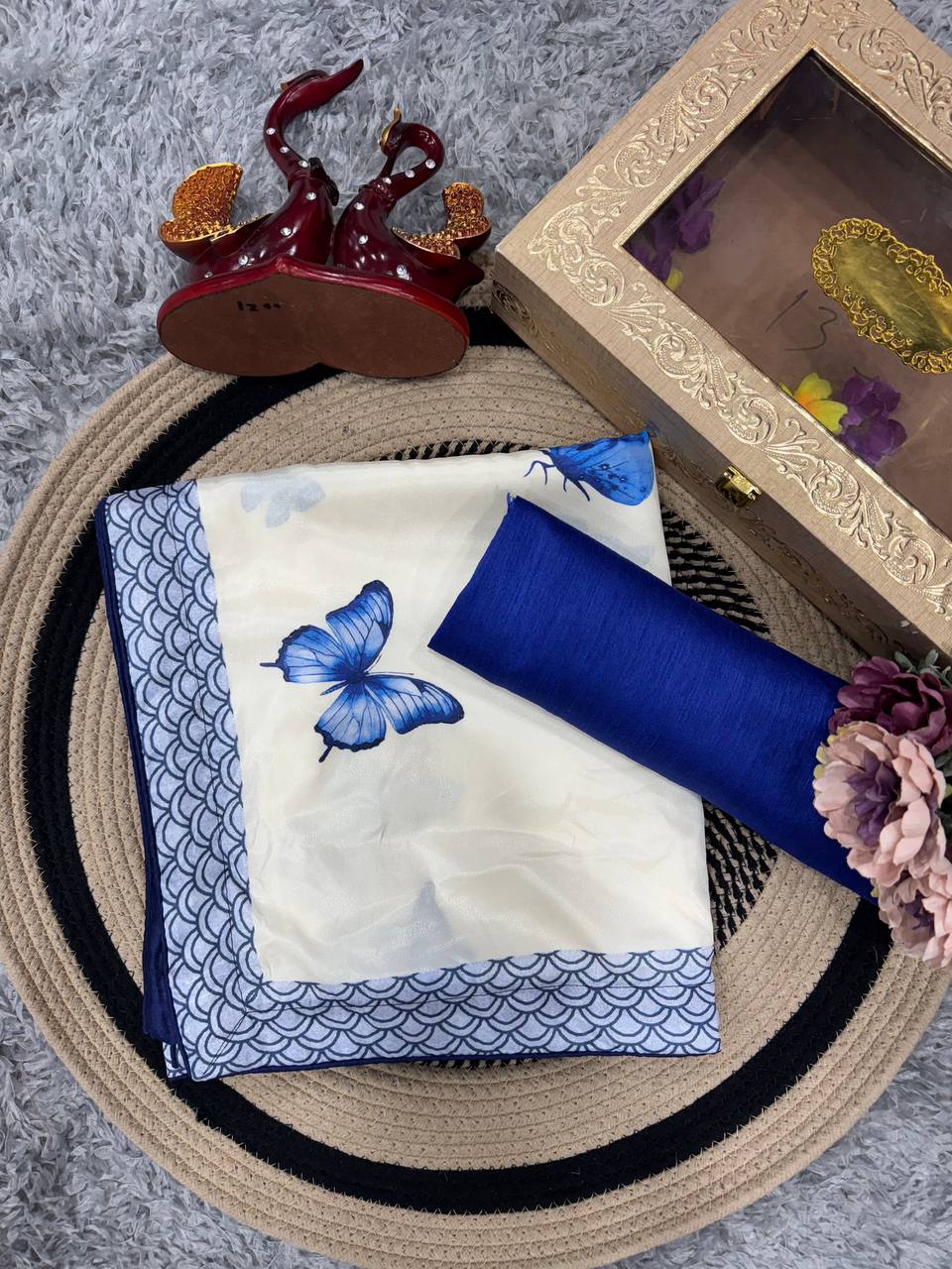 Women's Chic Snow White Georgette Saree with Vibrant Blue Butterfly Digital Print & Contrasting Border β Perfect for Casual Outings & Day Events - Image 4