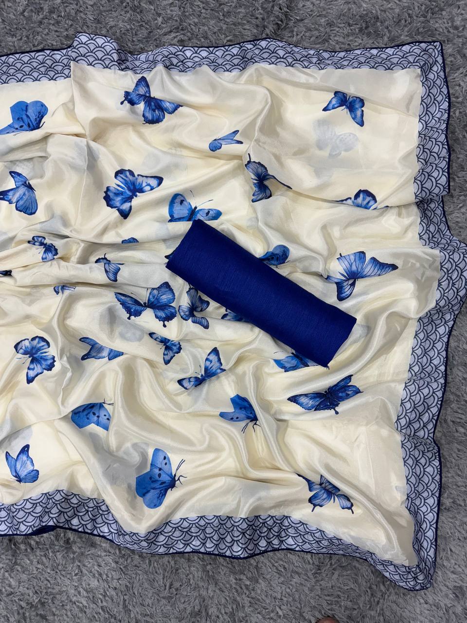 Women's Chic Snow White Georgette Saree with Vibrant Blue Butterfly Digital Print & Contrasting Border β Perfect for Casual Outings & Day Events - Image 2