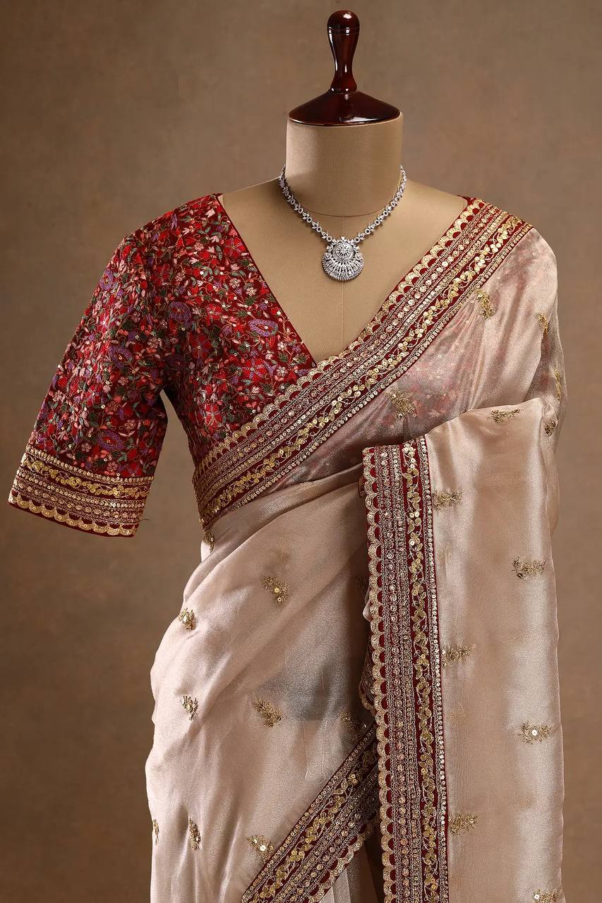 Women's Exquisite Ivory Tissue Organza Saree with Gold Sequin & Zari Embroidery – Paired with Heavy Maroon Readymade Blouse for Wedding & Festive Wear
